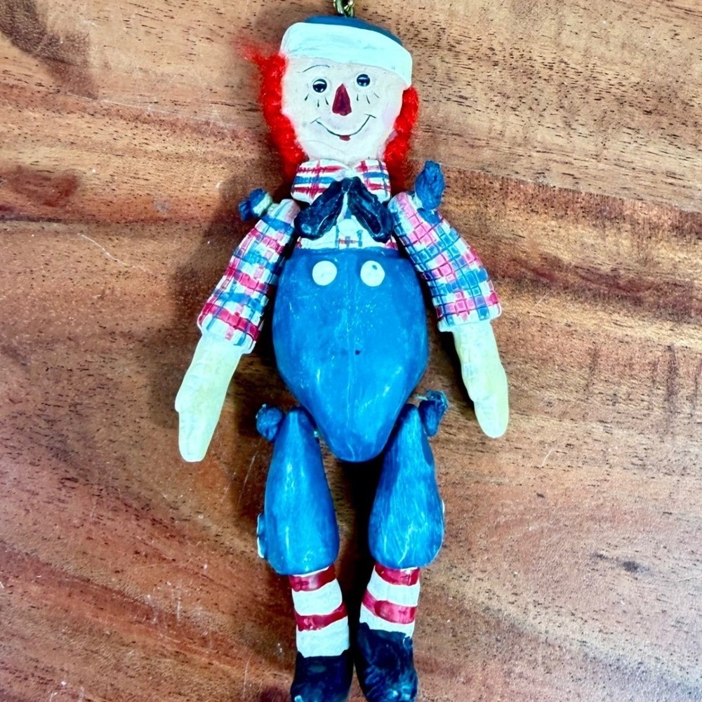 Vintage 1998 S&S Raggedy Andy Jointed Resin Christmas Ornament Red Yarn Hair
